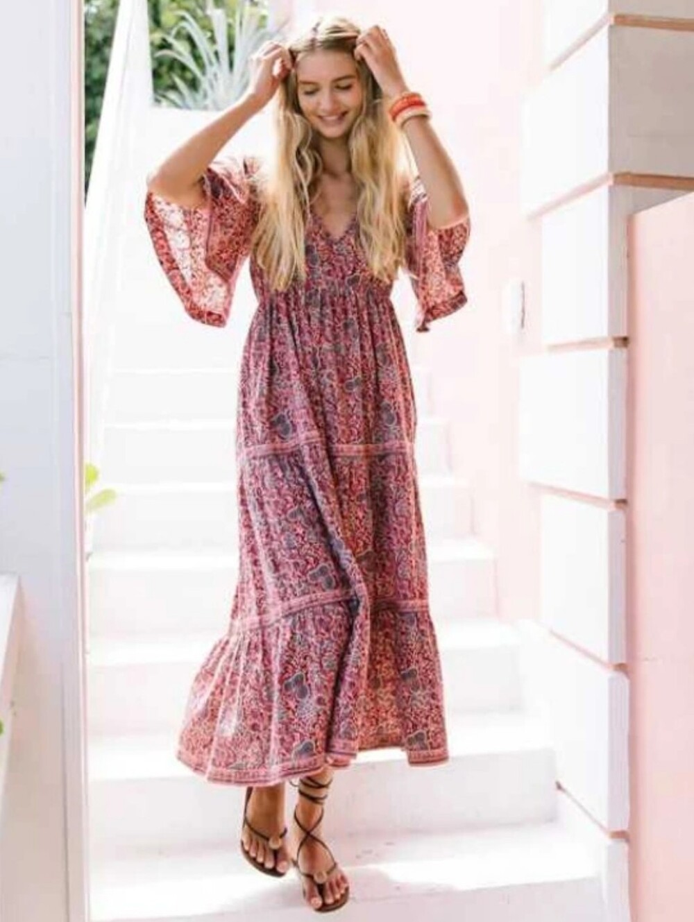 Omika Tabina Sarina Floral Tiered Maxi Dress Cotton Bohemian Resortwear Size XS